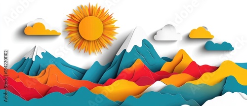 Colorful paper cut mountains and sun with clouds