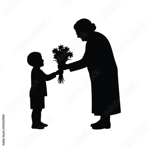 Silhouette of a boy giving flowers to his grandmother a heartwarming vector illustration