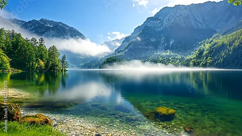 Serene mountain lake with clear waters, lush greenery, and misty peaks under a bright sky