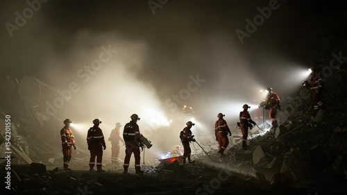 Rescue workers conducting a nighttime operation at a disaster site, illuminated by flashlights