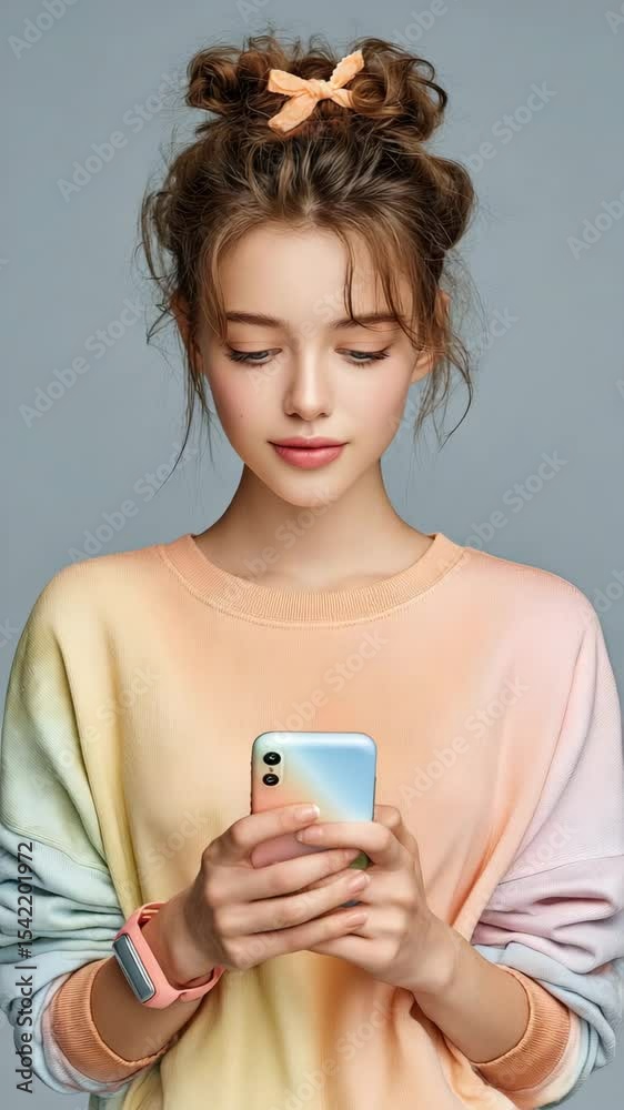 A young woman holding a smartphone while dressed in a colorful sweater. A young woman holding a smartphone while dressed in a colorful sweater.