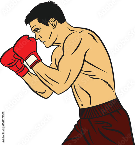 Boxer in action wearing boxing gloves ready to fight in cartoon style