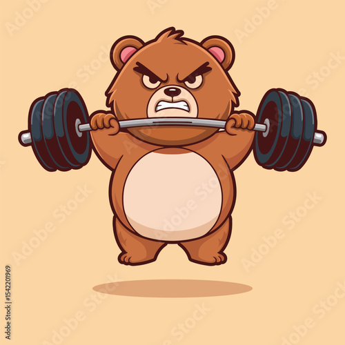 Angry Cartoon Bear Lifting Barbell with Strength.
