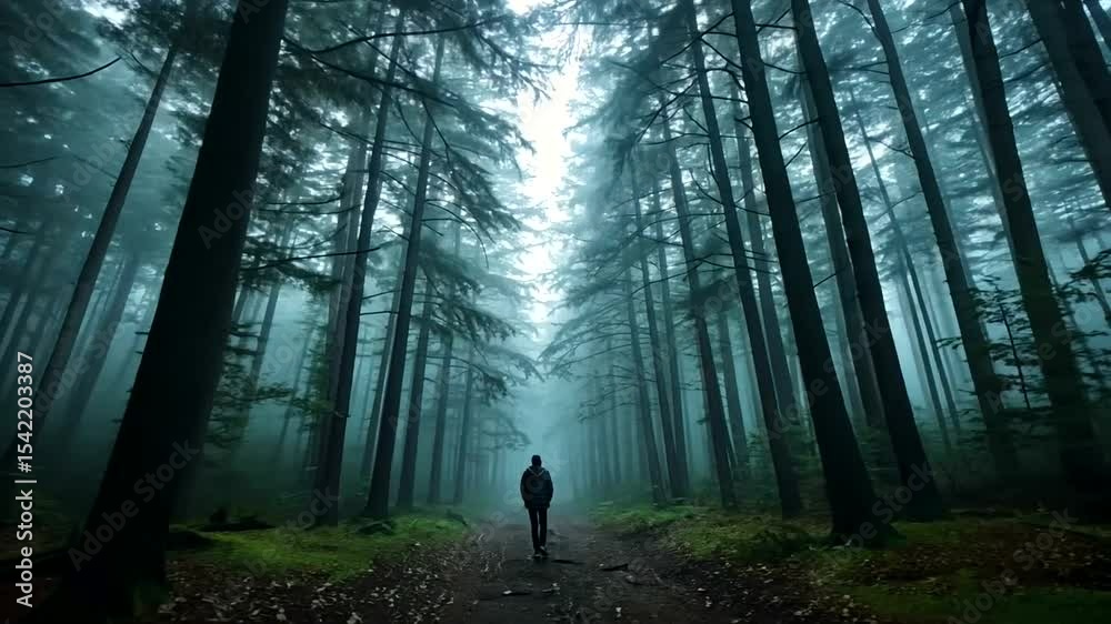 Foggy forest path with lone figure