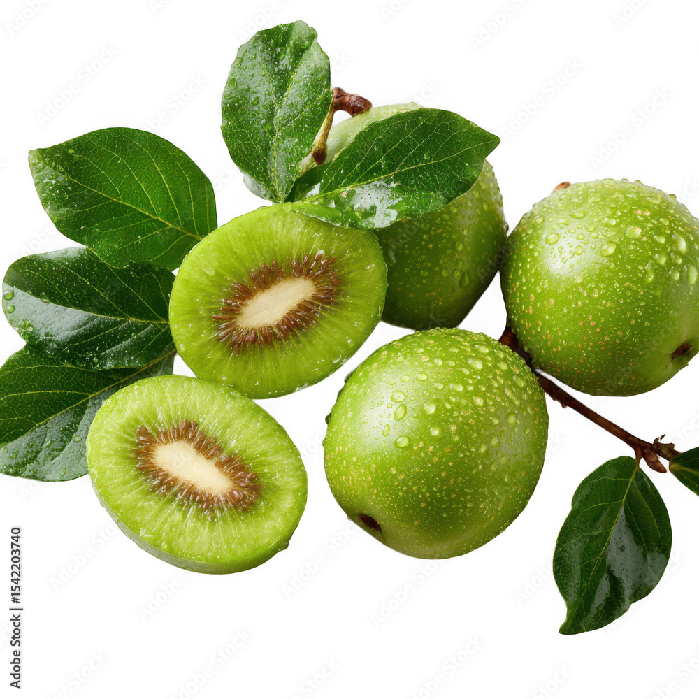 Fototapeta premium Fresh kiwi fruits with leaves isolated on transparent background