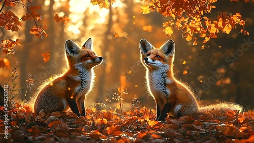 Two foxes sitting in a vibrant autumn forest, surrounded by orange leaves and soft sunlight