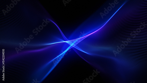 Neon background of purple and blue gradient glowing digital waves. Futuristic technology concept, vibrant energy. Dynamic waves flow with neon light and bokeh. Innovations, virtualization. 