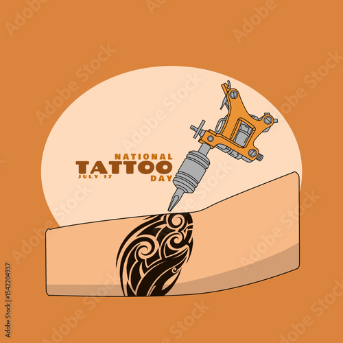National Tattoo Day to celebrate on July 17th. Illustration of a hand being tattooed with a tattoo machine.