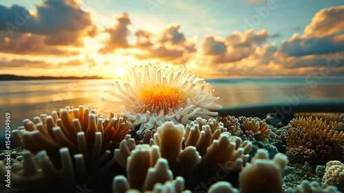 Vibrant coral reef at sunset with colorful anemones and soft waves in the background