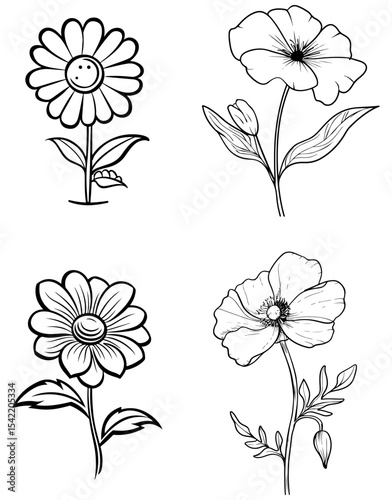 Four lineart flowers arranged in a twobytwo grid
