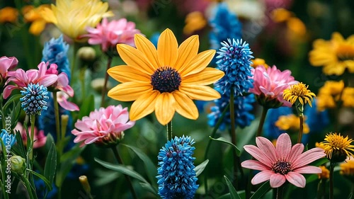 Vibrant garden scene featuring colorful flowers in full bloom with a sunny backdrop