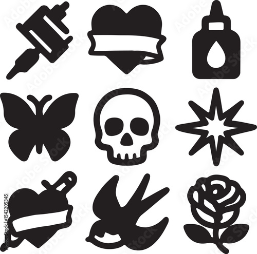 Traditional tattoo icon set in black silhouette style featuring classic symbols such as skull, bird, heart, rose, cross, ink bottle, and more for design and illustration projects.

