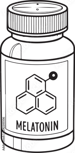 Sleep Aid Melatonin Sleeping Pills Vector Illustration, Sketch Drawing Line Linear Symbol Icon Engraving Coloring Book, Hand-drawn Black and White Isolated