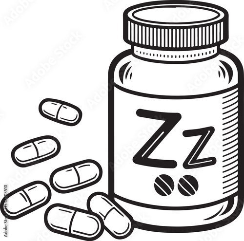 Sleep Aid Melatonin Sleeping Pills Vector Illustration, Sketch Drawing Line Linear Symbol Icon Engraving Coloring Book, Hand-drawn Black and White Isolated