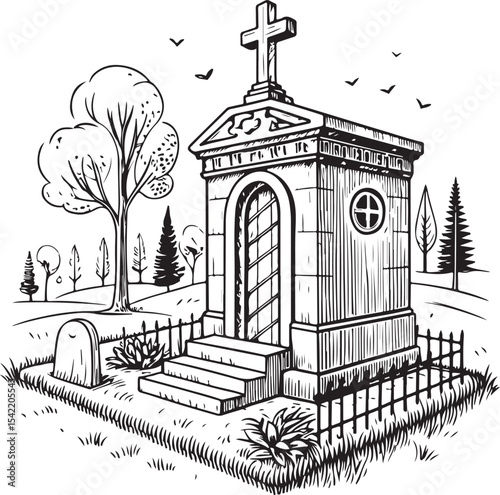Graveyard Cemetery Vector Illustration, Sketch Drawing Line Linear Symbol Icon Engraving Coloring Book, Hand-drawn Black and White Isolated