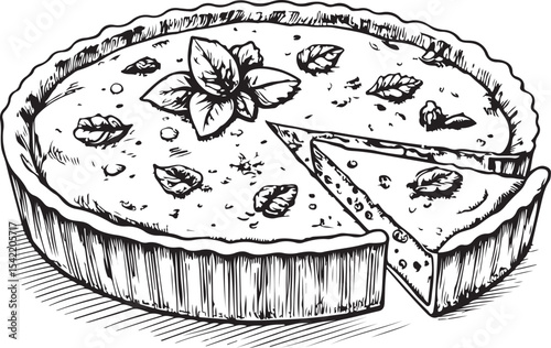 Quiche Tart Pie Vector Illustration, Sketch Drawing Line Linear Symbol Icon Engraving Coloring Book, Hand-drawn Black and White Isolated