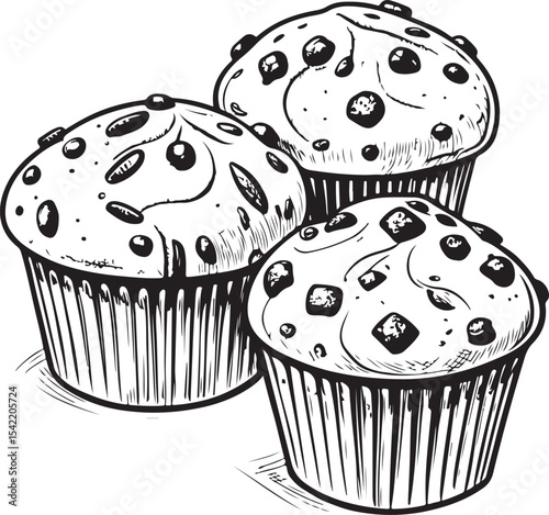Several Muffins Vector Illustration, Sketch Drawing Line Linear Symbol Icon Engraving Coloring Book, Hand-drawn Black and White Isolated