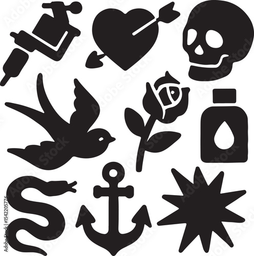 Traditional tattoo icon set in black silhouette style featuring classic symbols such as skull, bird, heart, rose, cross, ink bottle, and more for design and illustration projects.


