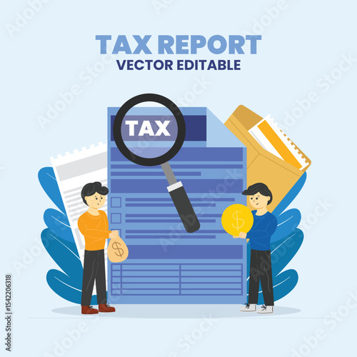 Concept tax payment. Data analysis, paperwork, financial research report and calculation of tax return. Payment of debt. Government, state taxes. Vector illustration in flat style with characters.