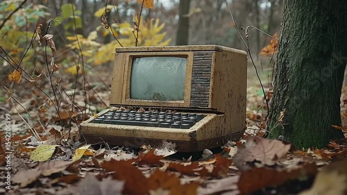 Vintage computer abandoned in a forest, surrounded by autumn leaves and trees, evoking nostalgia