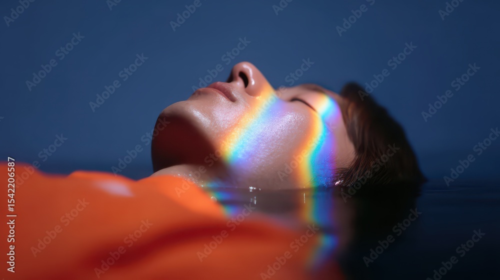 Fototapeta premium Ethereal Portrait of a Person Floating in Water with Rainbow Light