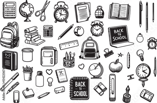Back to school outline elements clipart set. School drawing silhouette items clip art educational objects, supplies and material icon collection vector illustration