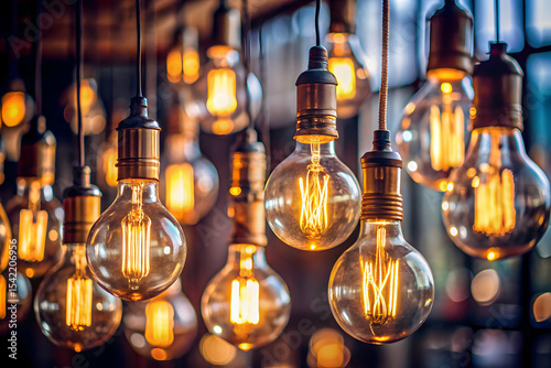 Floating vintage lightbulbs in dim light and shallow depth of field
