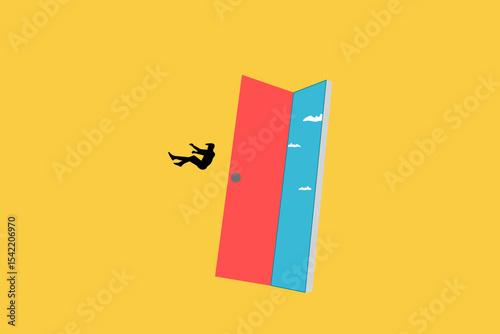 Business and financial crisis vector concept with businessman falling down into door. Symbol of market crash, recession, risk, bankruptcy and loss. Eps10 illustration
