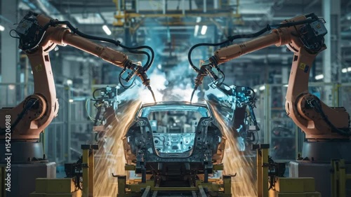 Robotic arms welding automotive components in a high-tech manufacturing facility