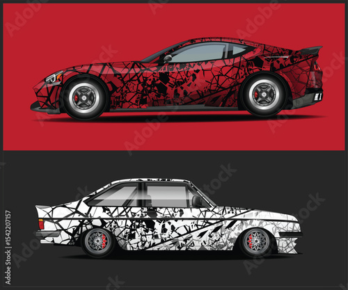 Two Sports Cars with Abstract Shattered Design Wraps