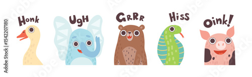 Cute Animals Making Noisy Sounds and Uttering Vector Set