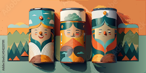Set of Three Colorful Cylindrical Packages with Cute Cartoon Faces in Box – Playful Modern Packaging Design – Generative AI