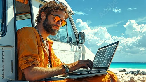 Young man in orange outfit working on laptop by the beach under a sunny sky