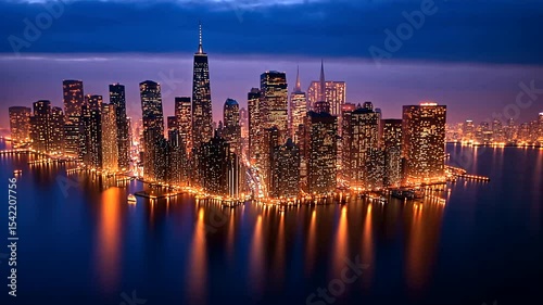 A breathtaking aerial view of a vibrant city skyline at dusk, showcasing illuminated buildings and reflections