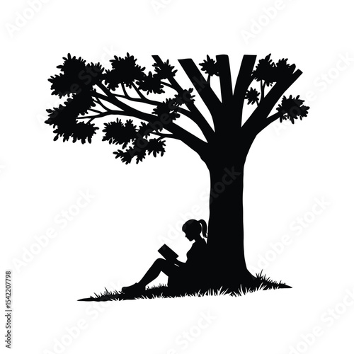 Silhouette of a girl reading a book under a large tree outdoor reading nature relaxation bookworm