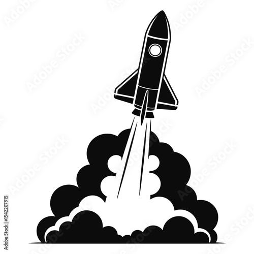 Rocket blasting off with smoke in black silhouette isolated artwork

