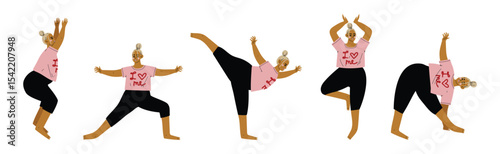 Plus Size Woman Doing Yoga Standing in Asana Vector Set