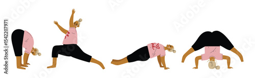 Plus Size Woman Doing Yoga Standing in Asana Vector Set