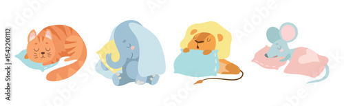 Cute Sleeping Animal Character on Soft Pillow Vector Set