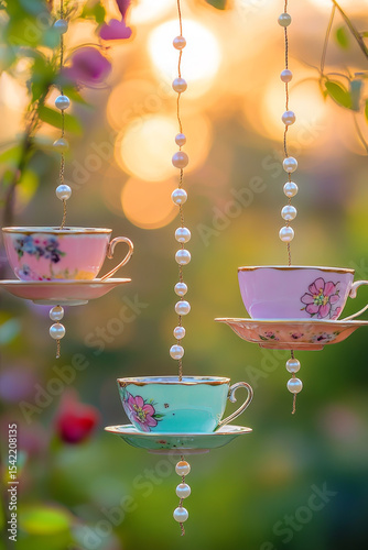 Whimsical Hanging Art of Antique Teacups, Pearls, and Sparkling Gems