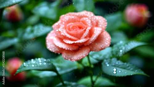 A close-up of a pink rose adorned with water droplets, surrounded by lush green foliage in a garden