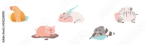 Cute Sleeping Animal Character on Soft Pillow Vector Set
