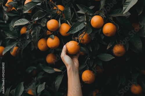 Hand reaching for an orange from a lush orange tree