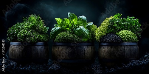 Aromatic herbs in cute wooden barrels, ready to use. Collection of the most popular green crops and spices. Close-up. Dark, eco-friendly background. Copy space.