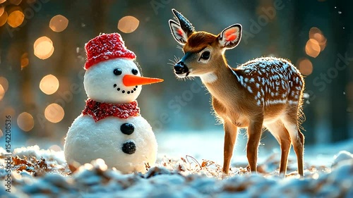 A curious deer approaches a snowman in a serene winter forest with soft bokeh lights