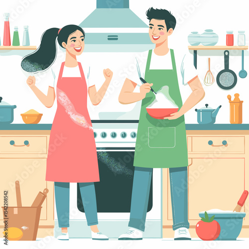Young couple joyfully cooking together in a bright kitchen with colorful aprons and copy space