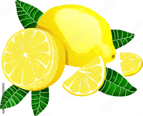 A fresh lemon accompanied by leaves and orange slices, presenting a vibrant composition that emphasizes natural freshness and citrus harmony