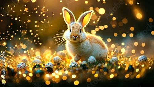 A fluffy rabbit surrounded by colorful Easter eggs in a sparkling, magical garden setting