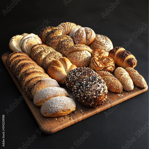 Assorted baked goods displayed on a wooden board.  Variety of breads, rolls, and pastries.  Different shapes, textures, and toppings.  Rich colors and tempting presentation