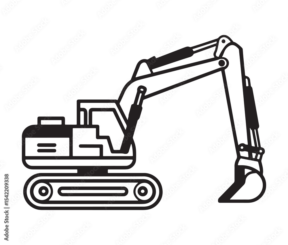 Fototapeta premium Line art excavator and shovel. Minimalist excavator illustration construction clipart.